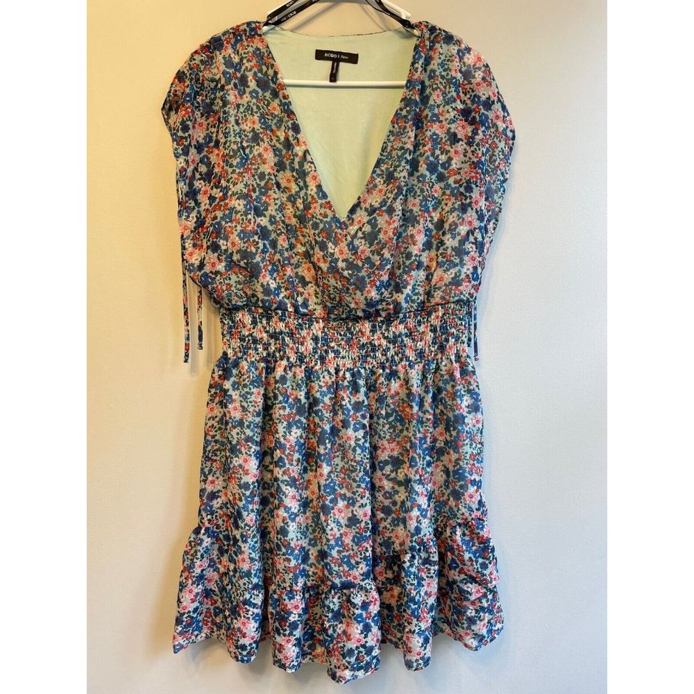 BCBG Paris Women's Cinched Waist Ruffle Summer Dress Large Blue Floral Pink